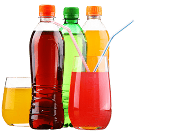 Carbonated drinks in bottles and glasses